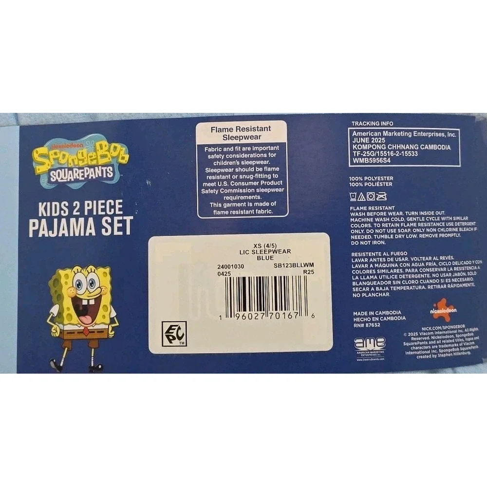 Nickelodeon Spongebob Squarepants Long-Sleeved Fleece Pajama Set - Size XS‎ 4/5